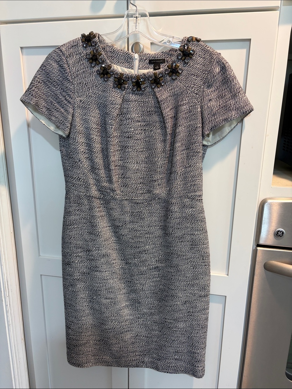 Ann Taylor Gray Tweed Embellished Neck Sheath Dress